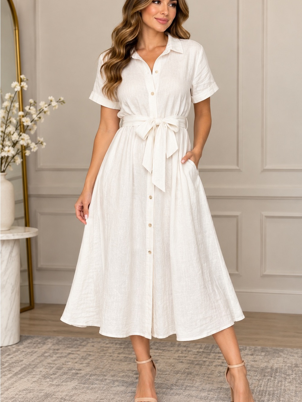 Joie 🔥 Cream Button-Front Midi Shirt Dress with Tie Waist